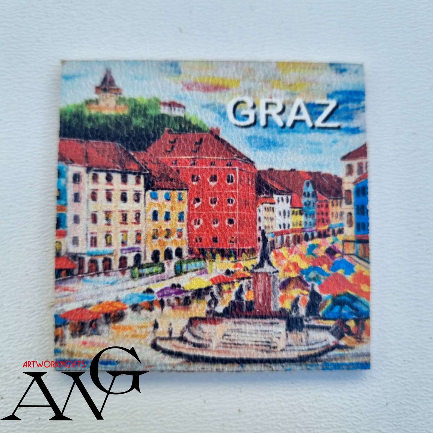Graz Austria Hauptplatz  Handmade wooden fridge magnet 5×5 cm