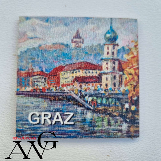Graz Austria Handmade wooden fridge magnet 5×5 cm