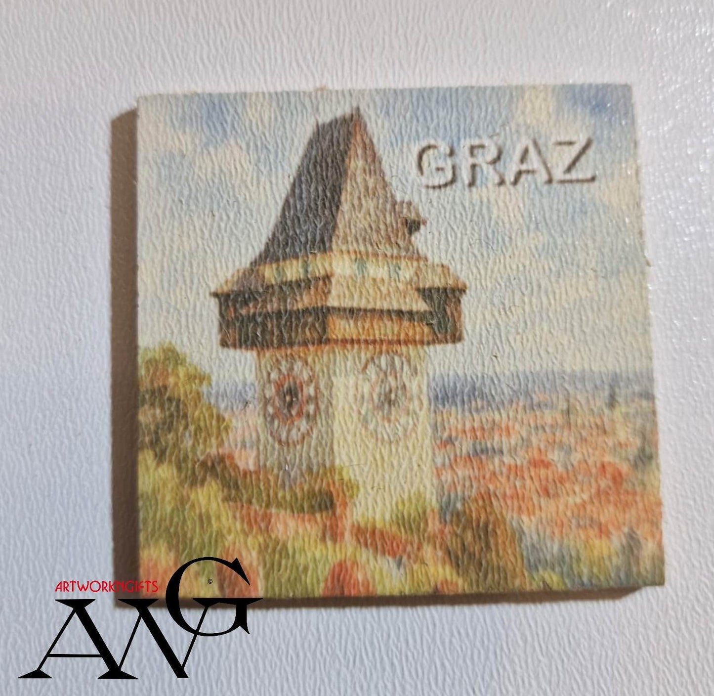 Graz Austria  Uhrturm Handmade wooden fridge magnet 5×5 cm