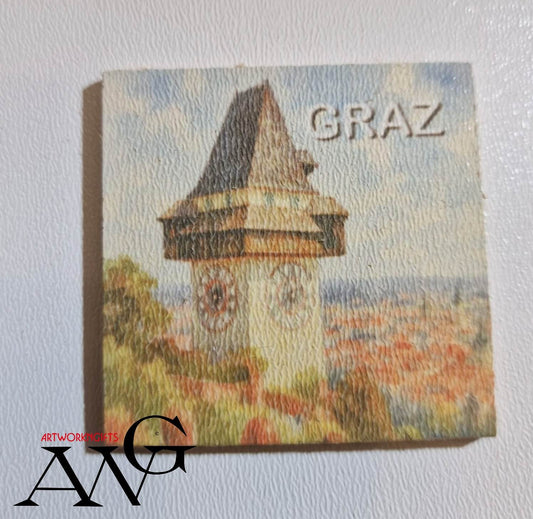 Graz Austria  Uhrturm Handmade wooden fridge magnet 5×5 cm