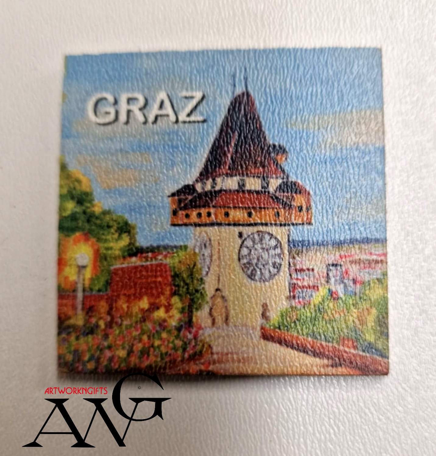 Graz Austria  Uhrturm Handmade wooden fridge magnet 5×5 cm