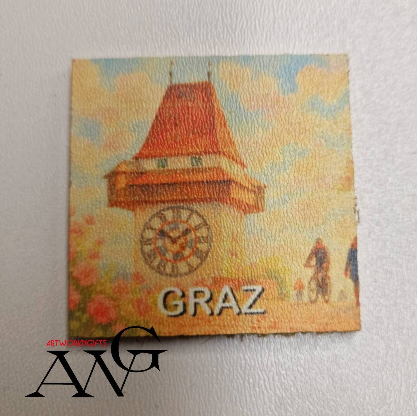 Graz Austria  Uhrturm Handmade wooden fridge magnet 5×5 cm