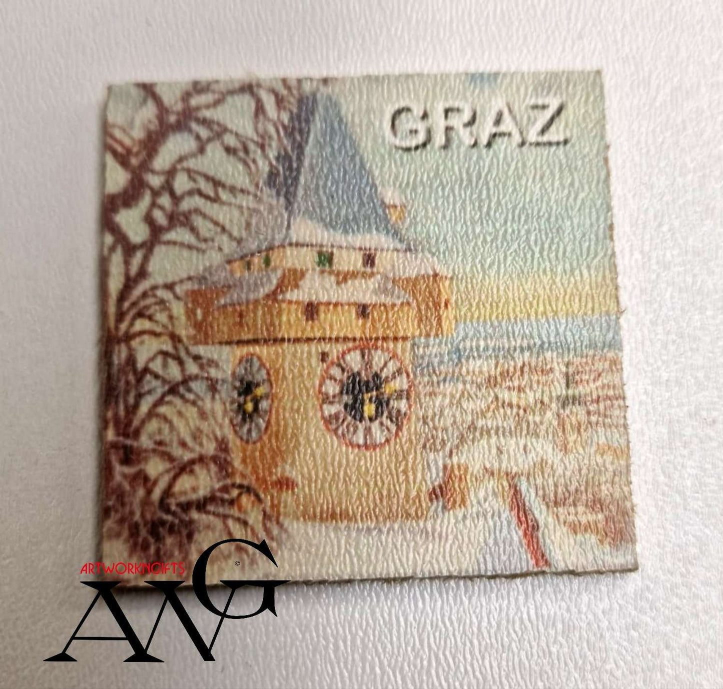 Graz Austria  Uhrturm Handmade wooden fridge magnet 5×5 cm