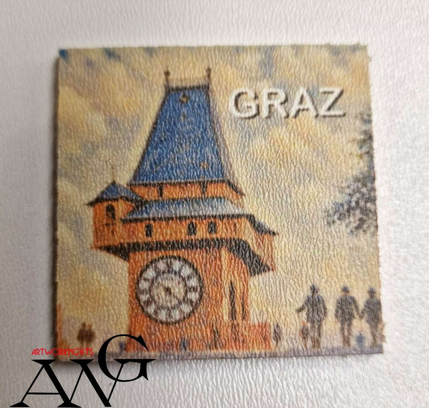 Graz Austria  Uhrturm Handmade wooden fridge magnet 5×5 cm