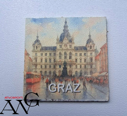 Graz Austria Hauptplatz Handmade wooden fridge magnet 5×5 cm