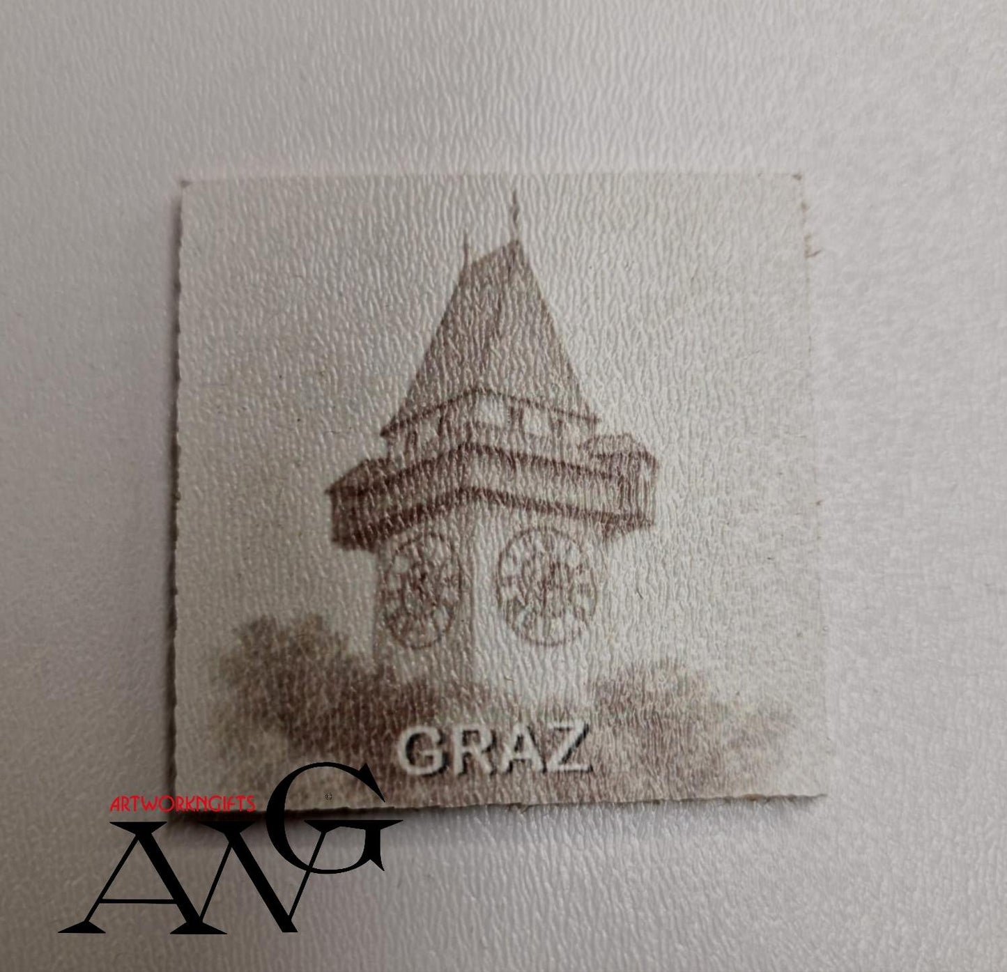 Graz Austria  Uhrturm Handmade wooden fridge magnet 5×5 cm