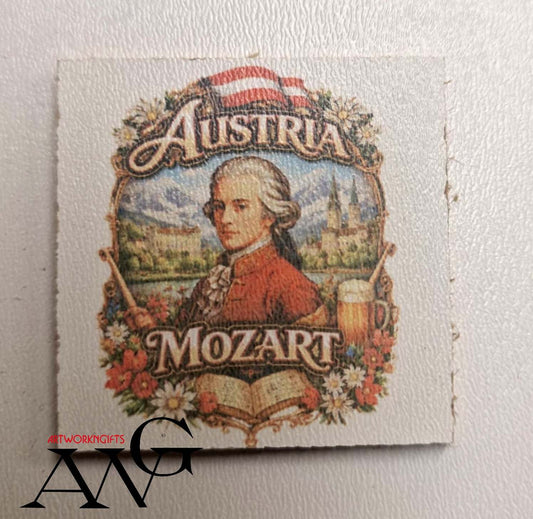 Austrian composer, Wolfgang Amadeus Mozart. Handmade wooden fridge magnet 5×5 cm