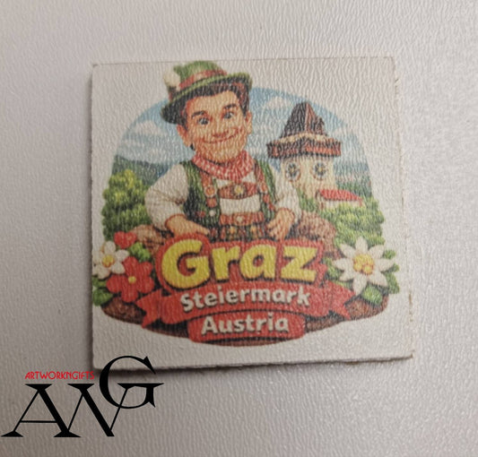 Graz Austria Handmade wooden fridge magnet 5×5 cm