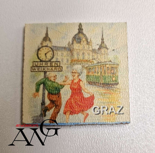 Granny dance at Weikhard Uhr Graz Austria Handmade wooden fridge magnet 5×5 cm