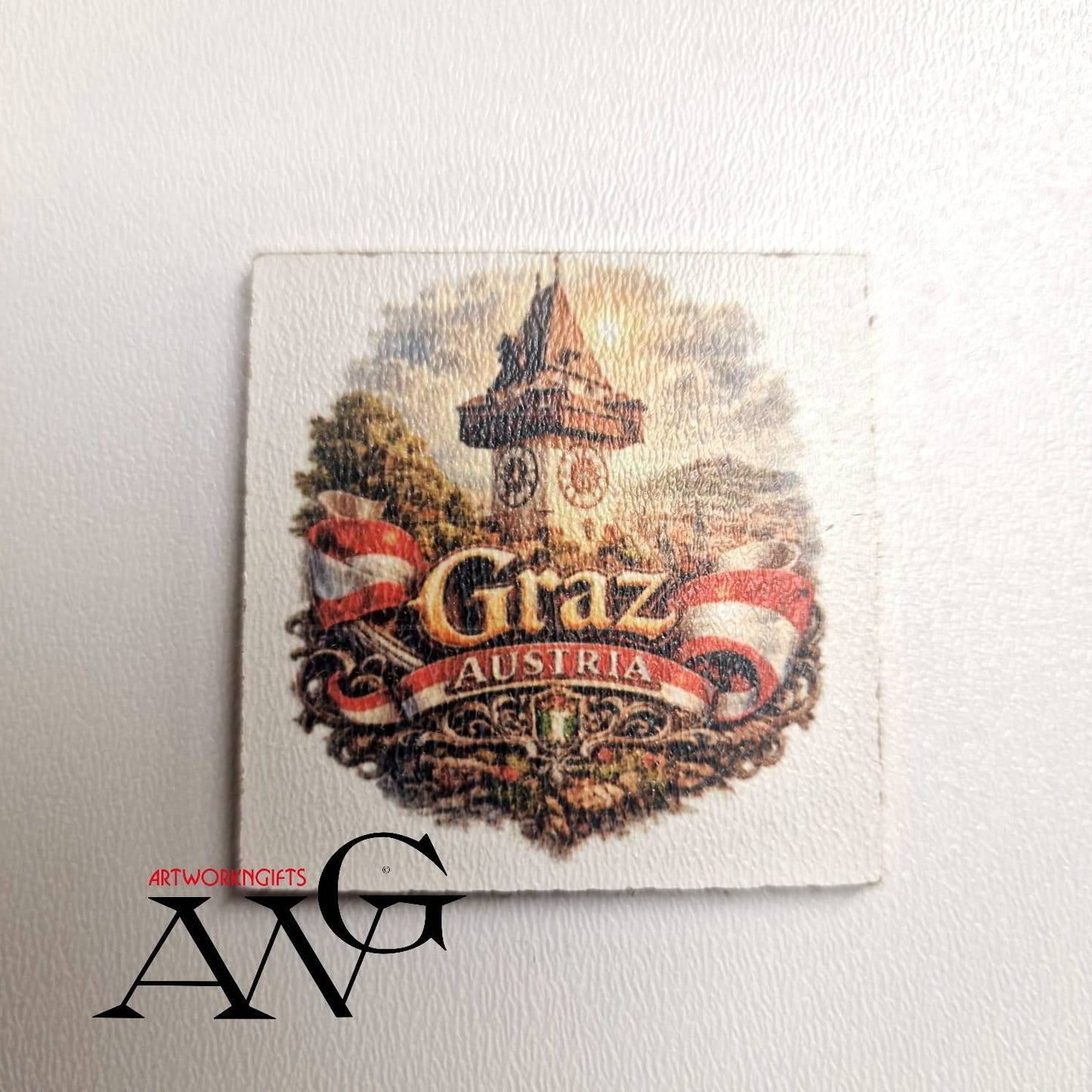 Graz Austria  Uhrturm Handmade wooden fridge magnet 5×5 cm