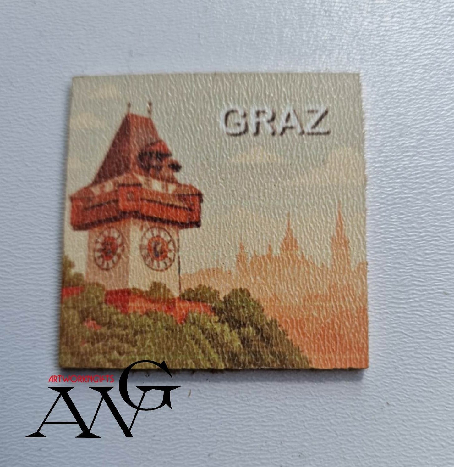 Graz Austria  Uhrturm Handmade wooden fridge magnet 5×5 cm