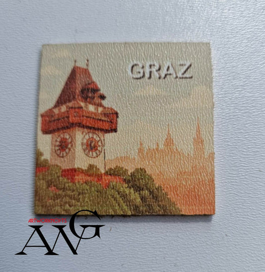 Graz Austria  Uhrturm Handmade wooden fridge magnet 5×5 cm