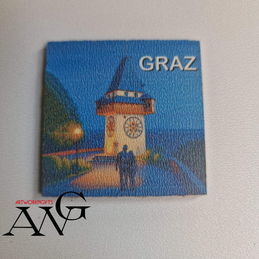 Graz Austria  Uhrturm  at evening Handmade wooden fridge magnet 5×5 cm