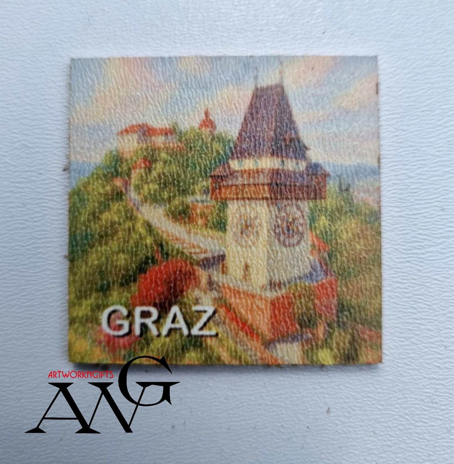 Graz Austria  Uhrturm Handmade wooden fridge magnet 5×5 cm