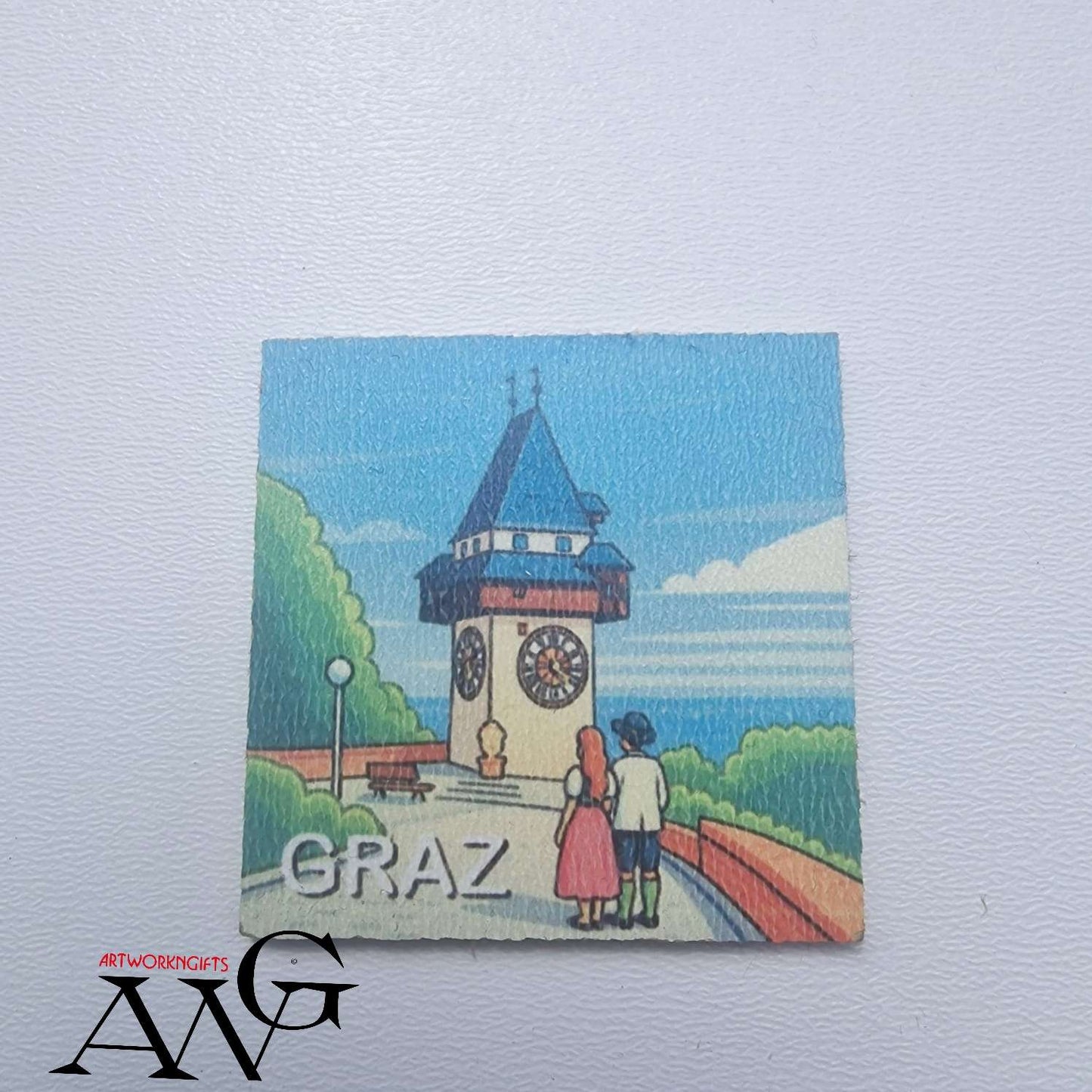 Graz Austria  Uhrturm  Handmade wooden fridge magnet 5×5 cm