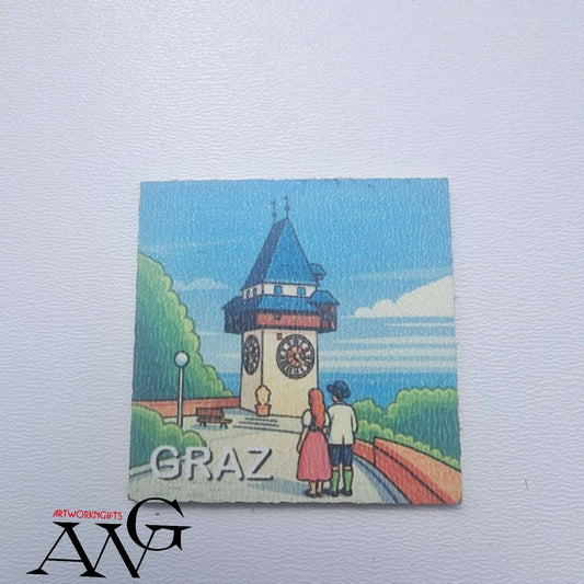 Graz Austria  Uhrturm  Handmade wooden fridge magnet 5×5 cm