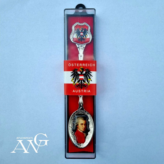 Zierlöffel Metall "Osterreich Wappen" und Epoxybild "Mozart", 13cm, Plastikbox