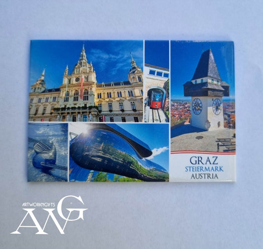 Tin magnet  Graz "Austria with uhrturm .kunsthaus. Murinsel. Hauptplatz . All in one 78.6mm ×53.7mm