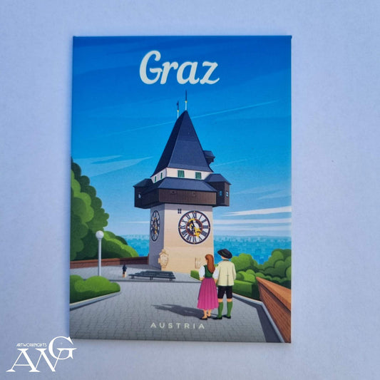 Tin magnet "Austria" Graz with traditional costume couple, 90.2mm×64.5mm