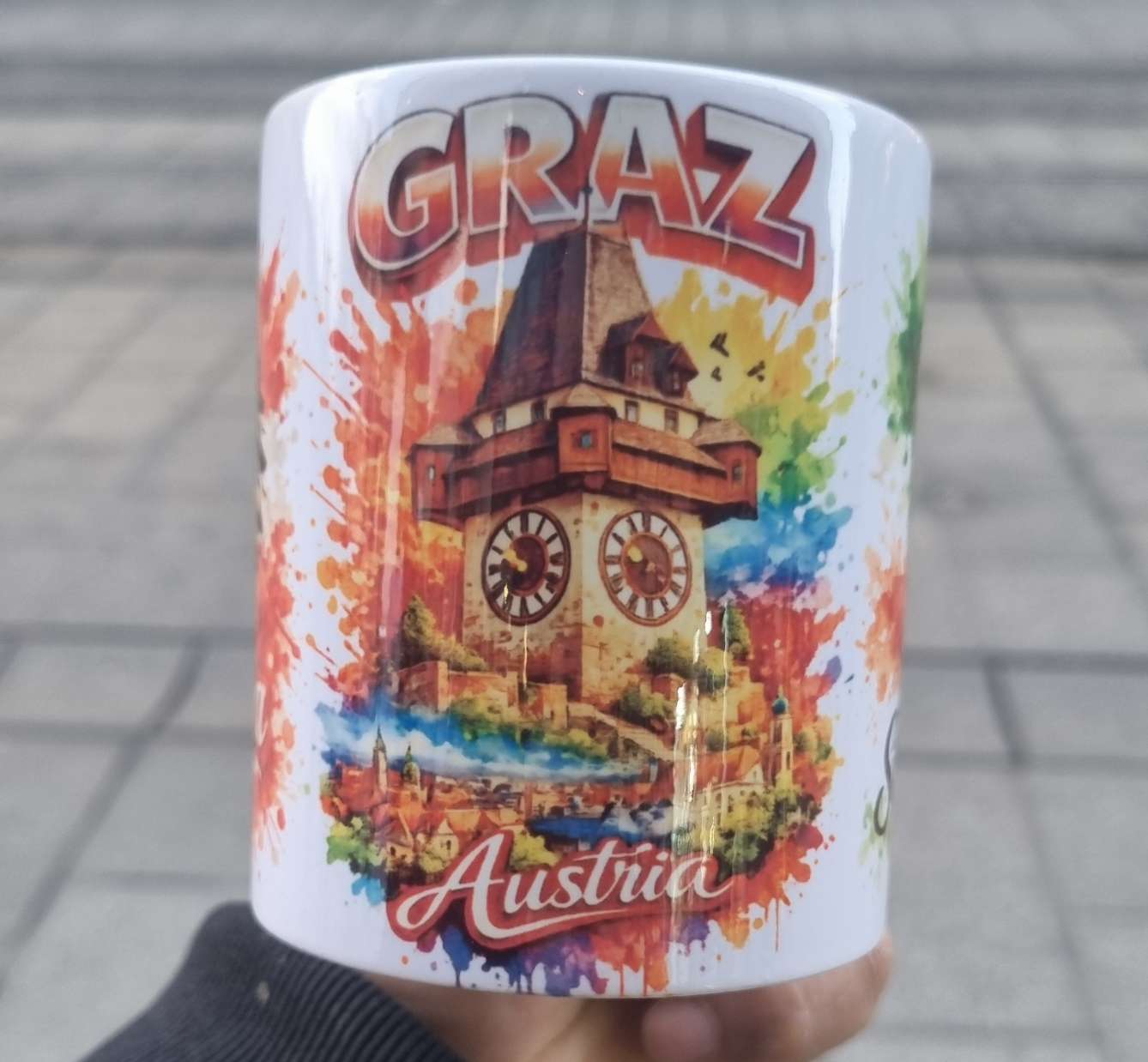 Graz Austria Souvenir Coffee mugs with watercolours uhrturm, Austrian coat of arms, Styria coat of arms  3 in one's