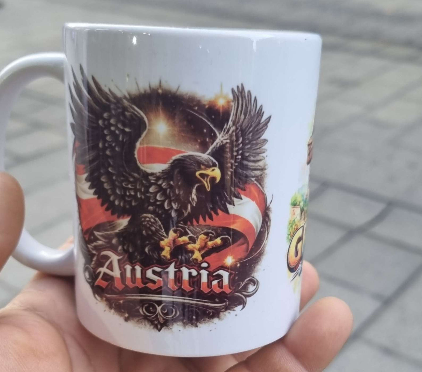 Graz Austria Souvenir Coffee mugs with watercolours uhrturm, Austrian coat of arms, Styria coat of arms  3 in one's