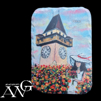 GRAZ Uhrturm mit Blumenmädchen  fridge Magnet ceramic stone