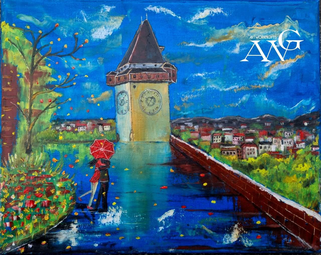 One more romantic evening in Graz Austria at clock tower oil painting on canvas