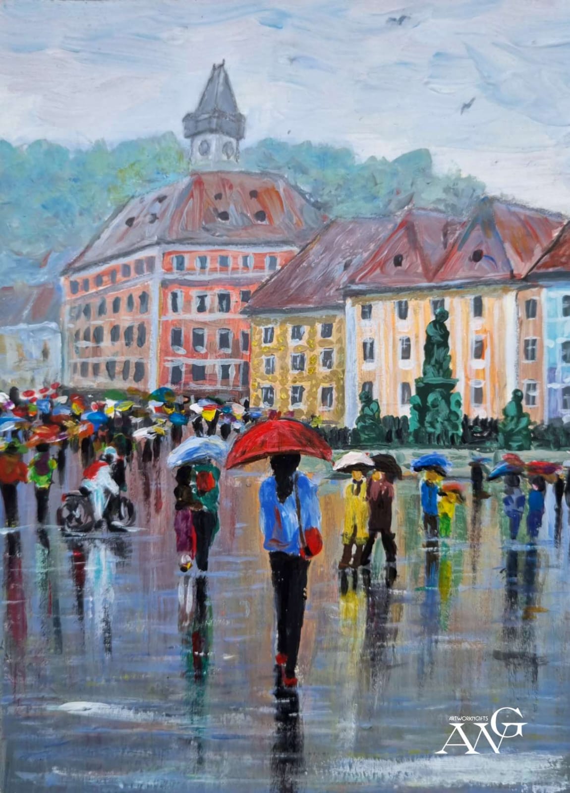 Graz Austria main square with a view of the clock tower 21 Watercolor painting on paper