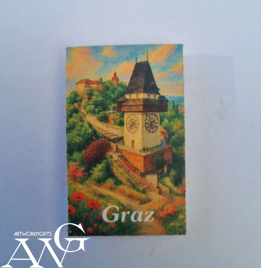 Handgefertigtes österreichisches Souvenir: Graz Urturm  PVC-, Kühlschrankmagnet -HD-UV-Bilder, wasserfest, Größe 44,2 x 27,2 x 3 mm