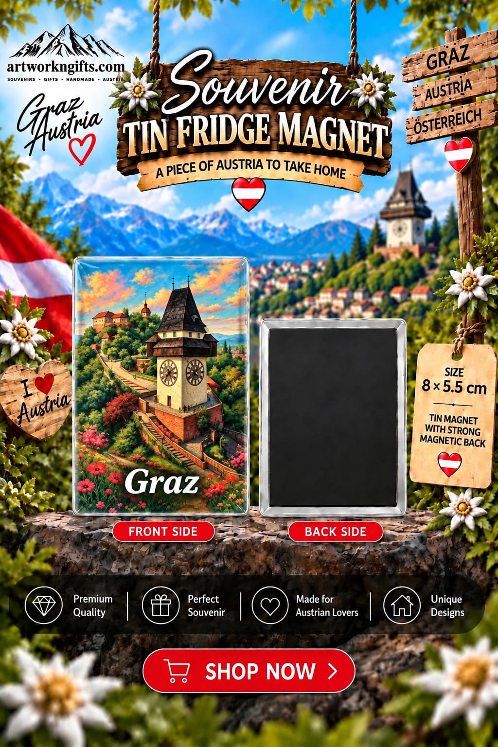Graz Austria Tin Fridge Magnet – 8 × 5.5 cm | 20 Different Designs