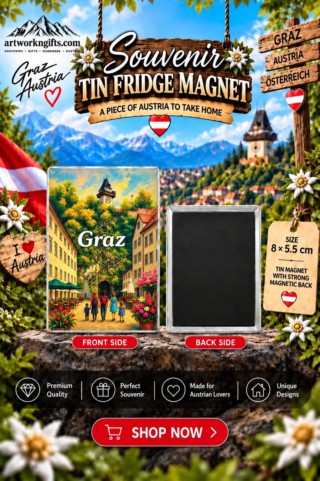 Graz Austria Tin Fridge Magnet – 8 × 5.5 cm | 20 Different Designs