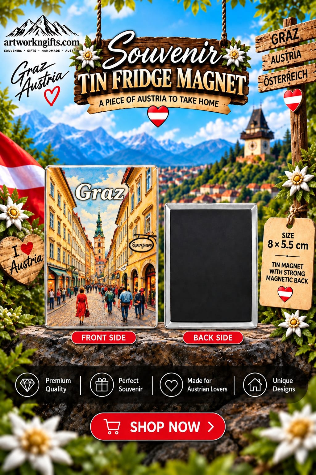 Graz Austria Tin Fridge Magnet – 8 × 5.5 cm | 20 Different Designs