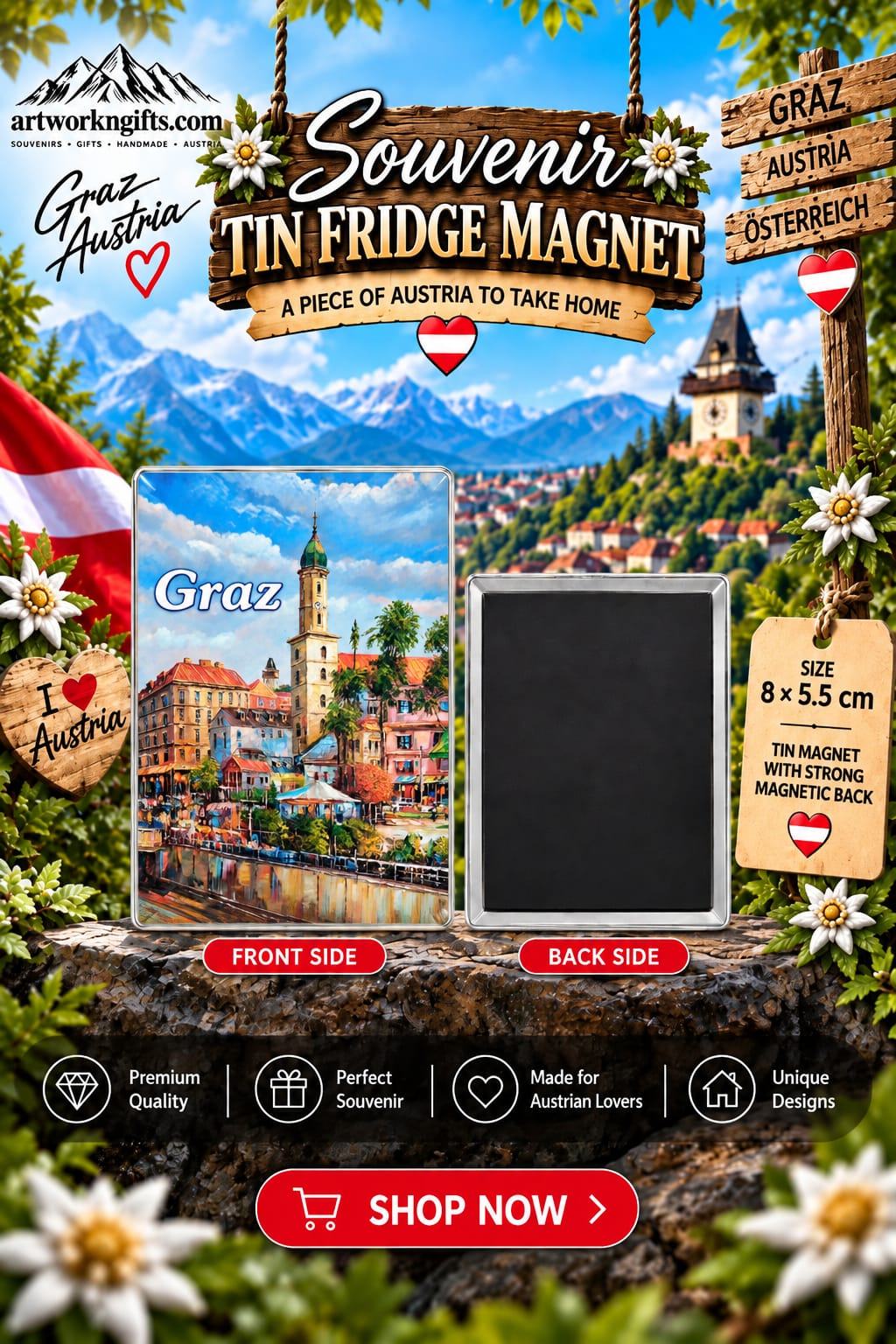 Graz Austria Tin Fridge Magnet – 8 × 5.5 cm | 20 Different Designs