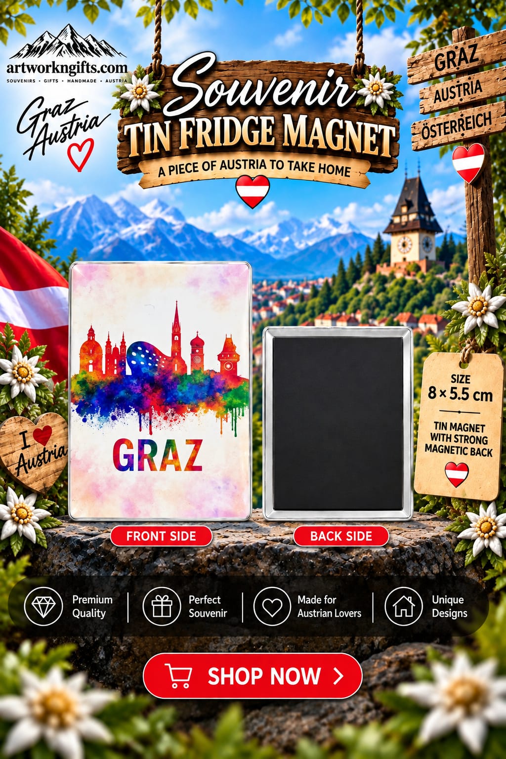 Graz Austria Tin Fridge Magnet – 8 × 5.5 cm | 20 Different Designs