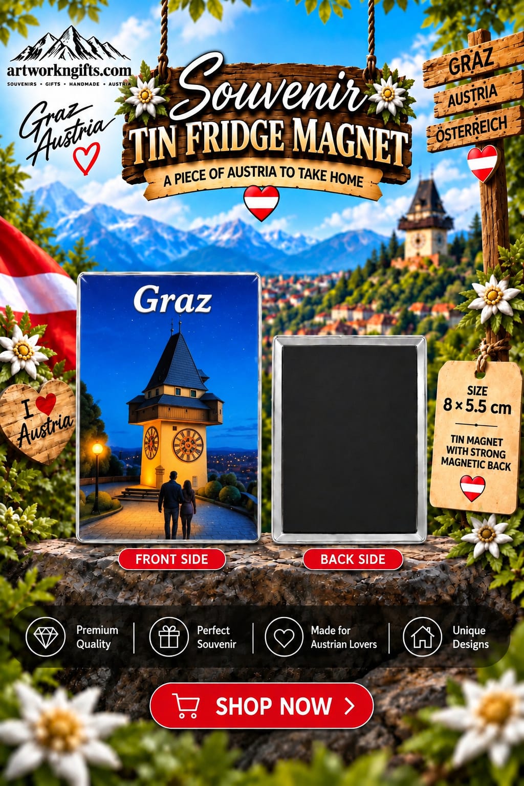 Graz Austria Tin Fridge Magnet – 8 × 5.5 cm | 20 Different Designs