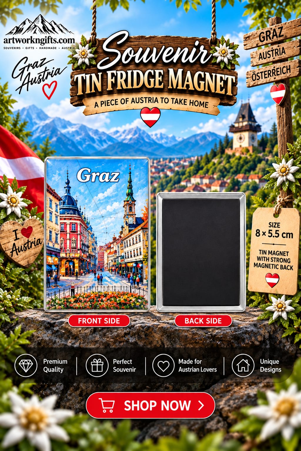 Graz Austria Tin Fridge Magnet – 8 × 5.5 cm | 20 Different Designs