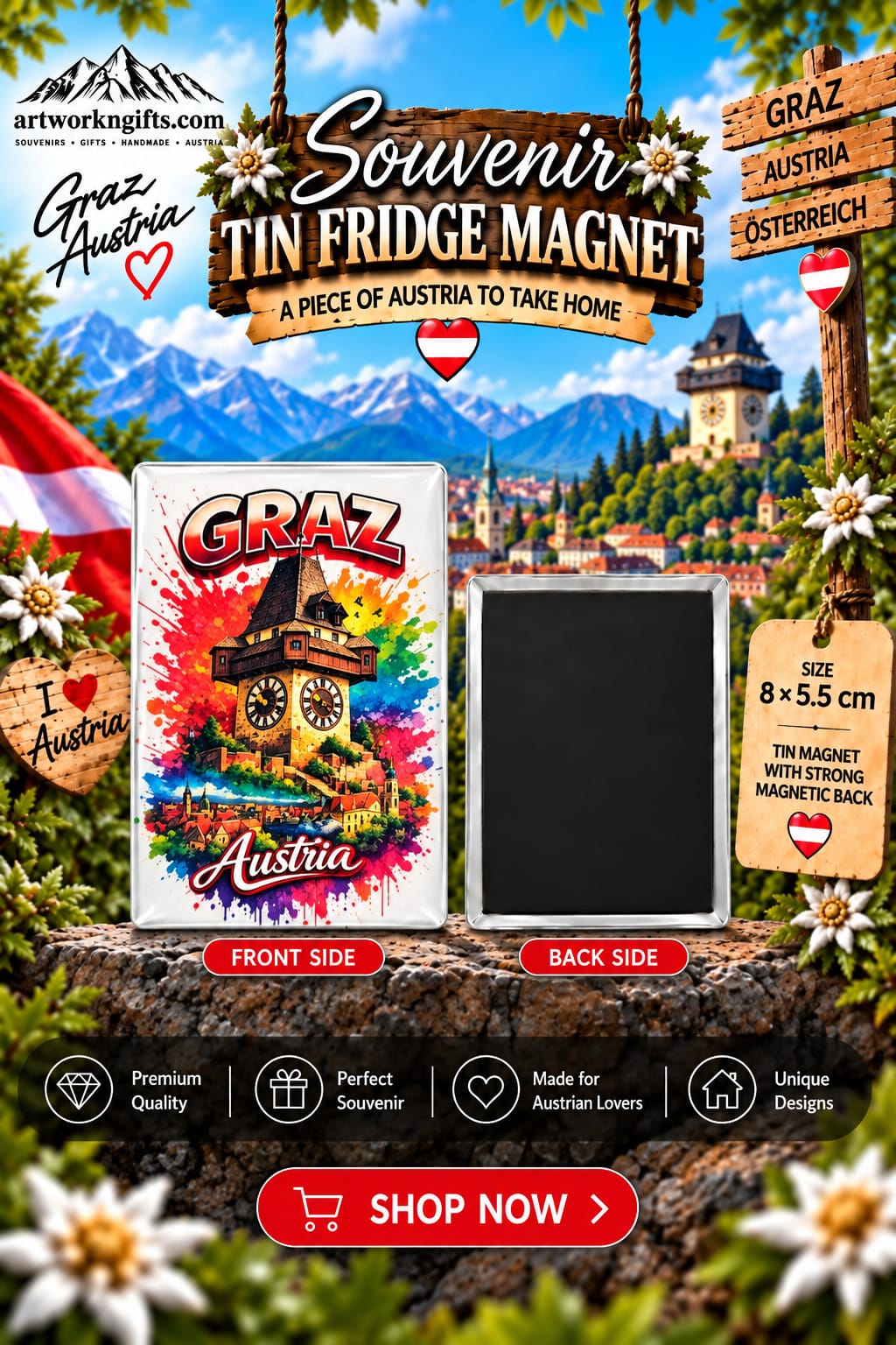 Graz Austria Tin Fridge Magnet – 8 × 5.5 cm | 20 Different Designs
