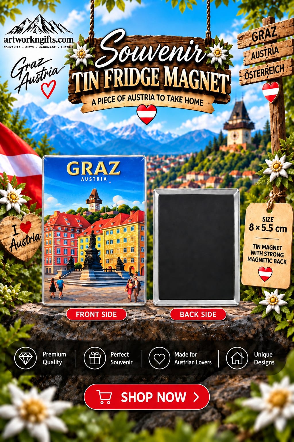 Graz Austria Tin Fridge Magnet – 8 × 5.5 cm | 20 Different Designs
