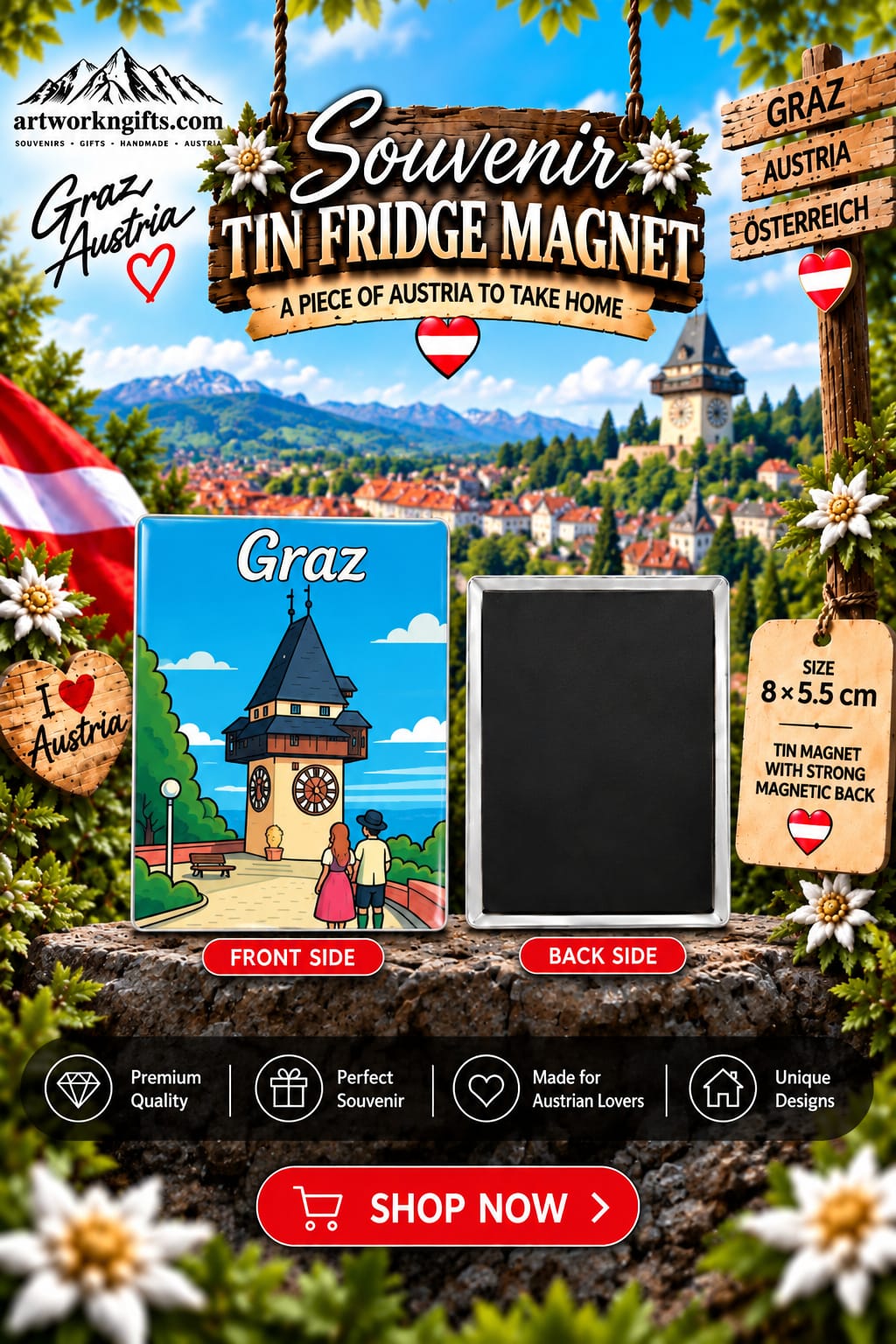 Graz Austria Tin Fridge Magnet – 8 × 5.5 cm | 20 Different Designs