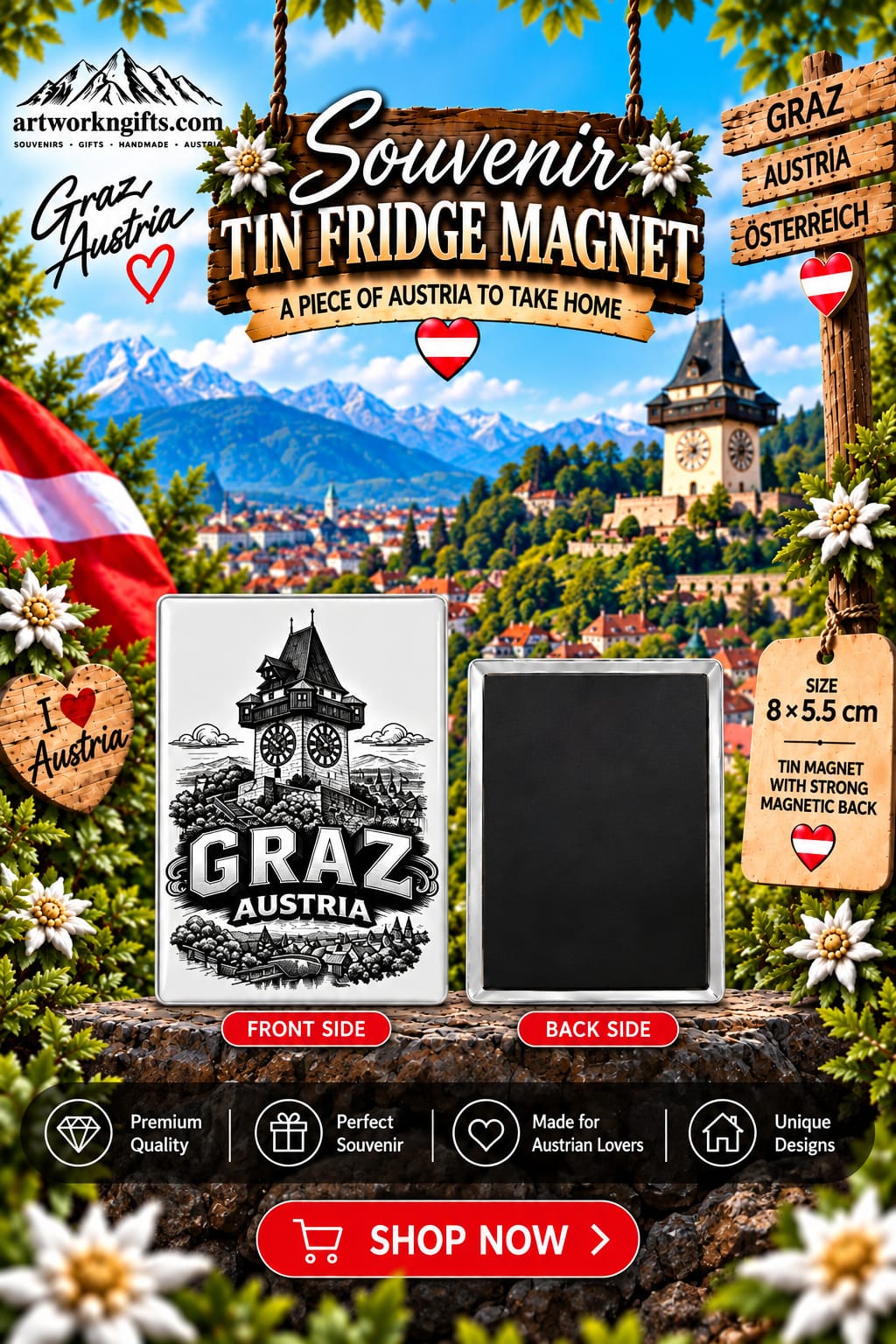 Graz Austria Tin Fridge Magnet – 8 × 5.5 cm | 20 Different Designs