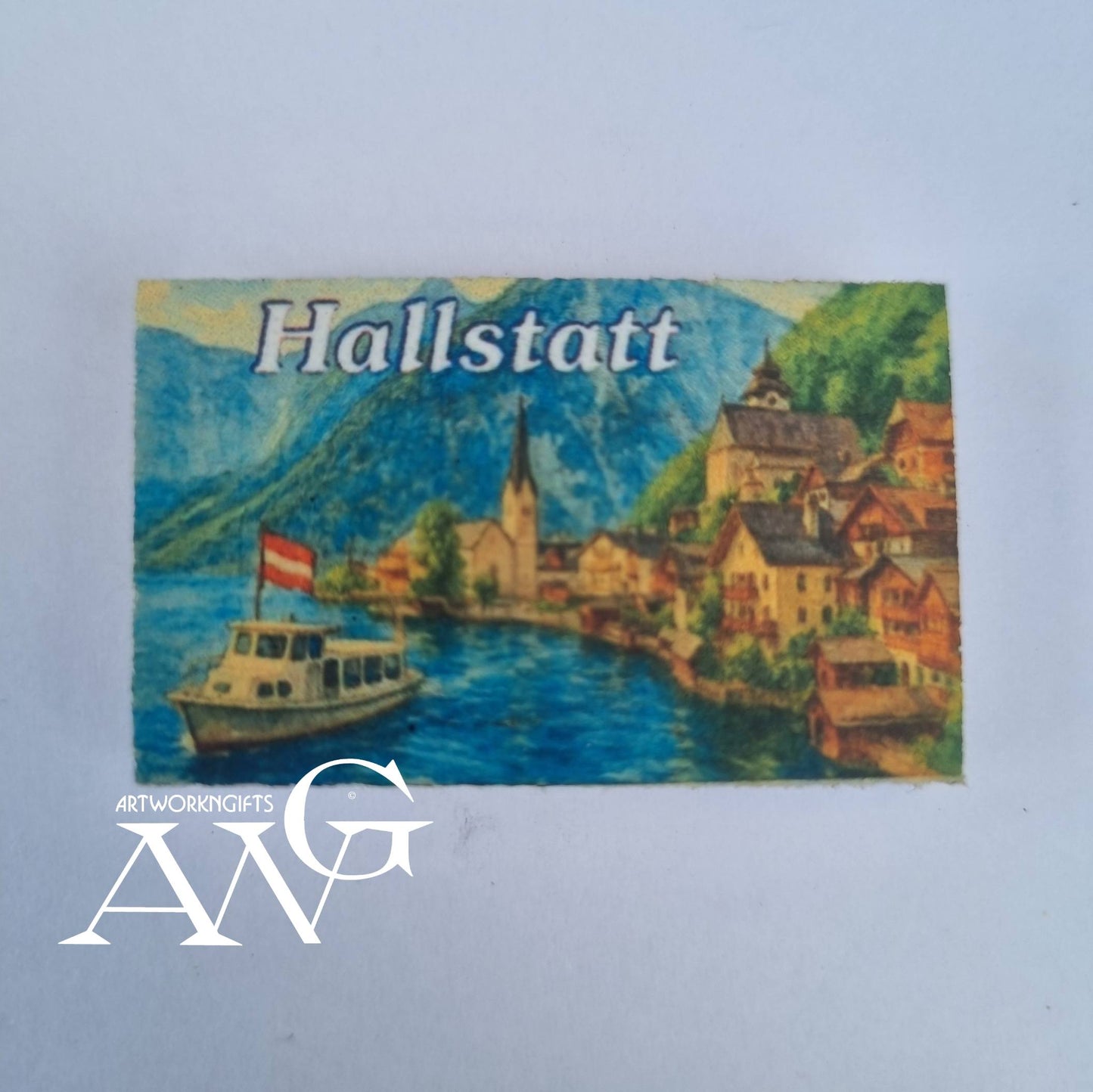 Handgefertigtes österreichisches Souvenir: Hallstatt Austria, PVC-, Kühlschrankmagnet -HD-UV-Bilder, wasserfest, Größe 44,2 x 27,2 x 3 mm