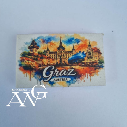 Added Handgefertigtes österreichisches Souvenir: Graz Hauptplatz .. Uhrturm, PVC-, Kühlschrankmagnet -HD-UV-Bilder, wasserfest, Größe 44,2 x 27,2 x 3 mm