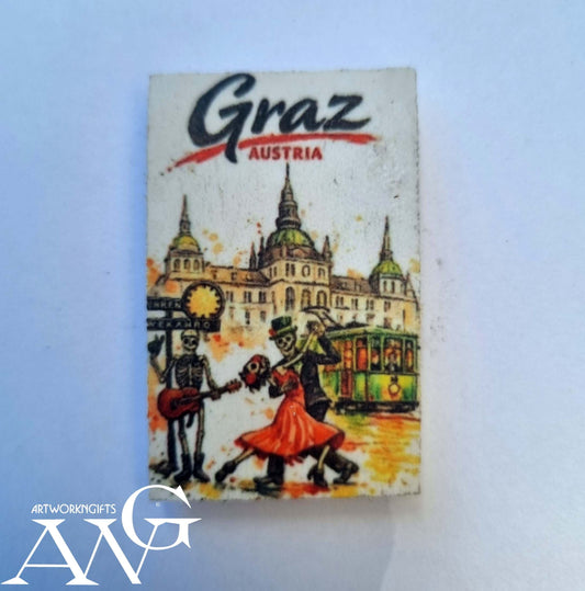 Handmade Austrian souvenir:  Graz dancing skeletons , PVC refrigerator magnet, full HD UV images, waterproof, size 44.2 x 27.2 x 3 mm
