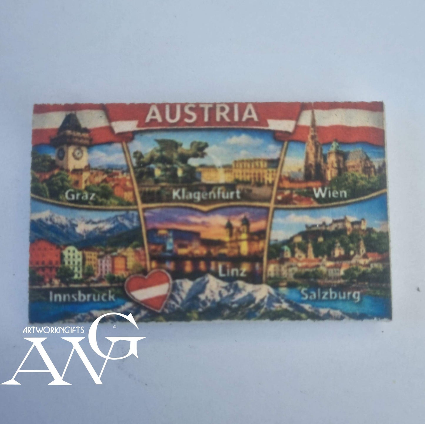 Handgefertigtes österreichisches Souvenir: Graz, Klagenfurt, Vienna, Innsbruck, Linz, and Salzburg.. PVC-, Kühlschrankmagnet -HD-UV-Bilder, wasserfest, Größe 44,2 x 27,2 x 3 mm