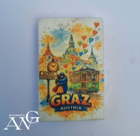 Handgefertigtes österreichisches Souvenir: Graz Hauptplatz, Weikhard . Uhr . mit. Herzballons HPVC-, Kühlschrankmagnet -HD-UV-Bilder, wasserfest, Größe 44,2 x 27,2 x 3 mm