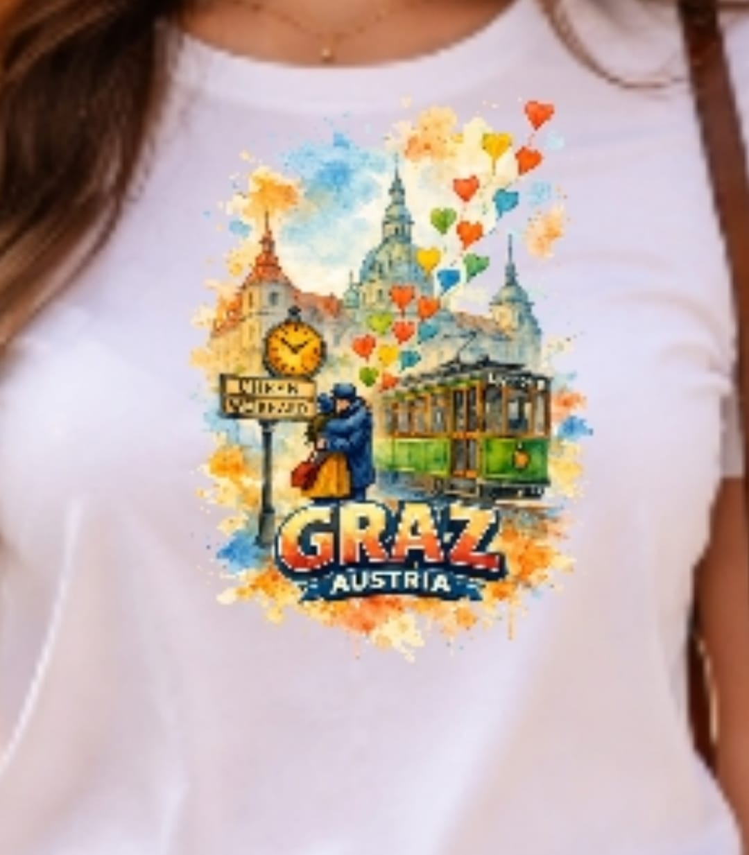 Graz   Austria  souvenir  t-shirt  with  romantic  couple under weikhard uhr Man and women Size  S. M ,L, XL,XXL,