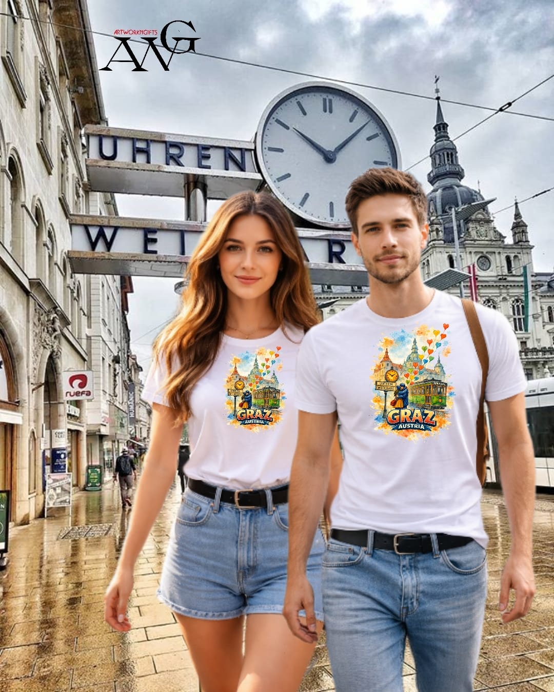 Graz   Austria  souvenir  t-shirt  with  romantic  couple under weikhard uhr Man and women Size  S. M ,L, XL,XXL,