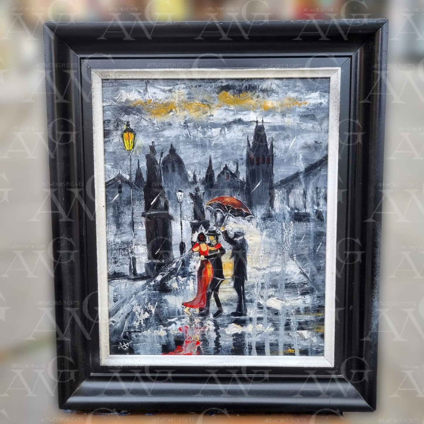 prague city handmade oil painting with dancing couple