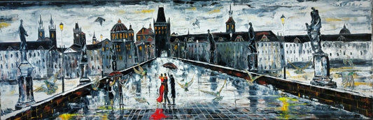 Prague City Original oil painting/ Dance me to your beauty with burning violin on the Charles bridge prauge