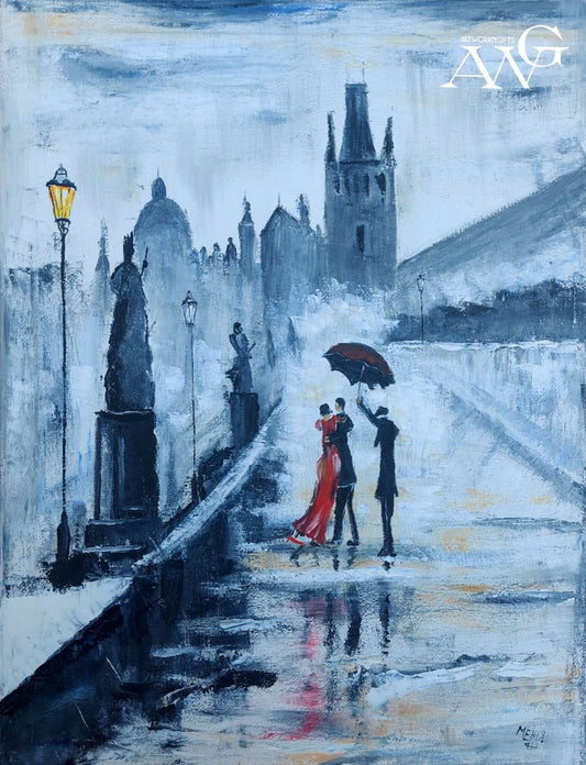 prague city handmade oil painting with dancing couple .